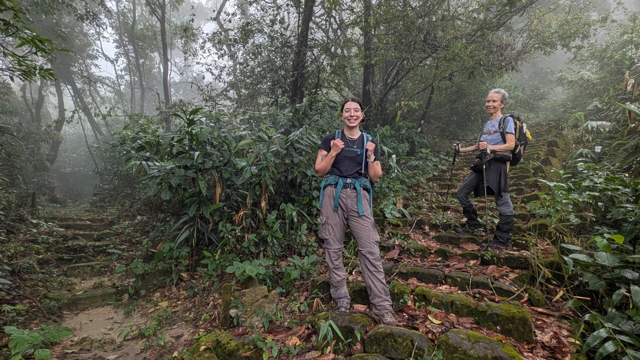 Travellers walking through misty forest trails in Northeast India