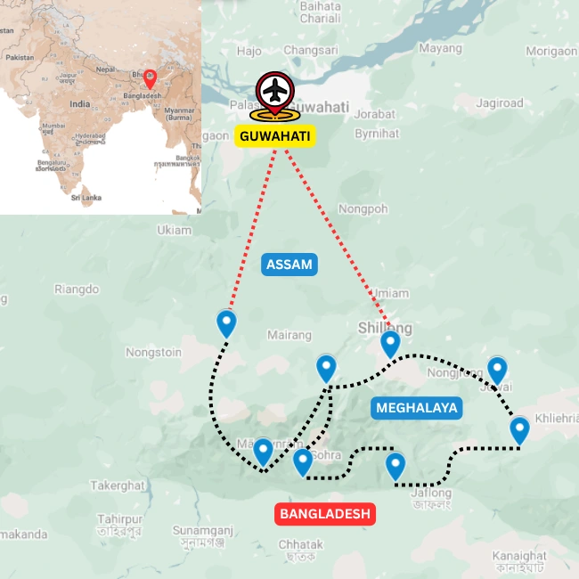 Map of the Abode of the Clouds cycle tour through Meghalaya