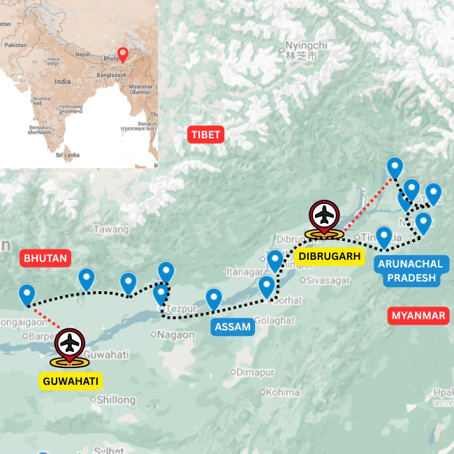 Map of the Brahmaputra Explorer cycle tour through Assam