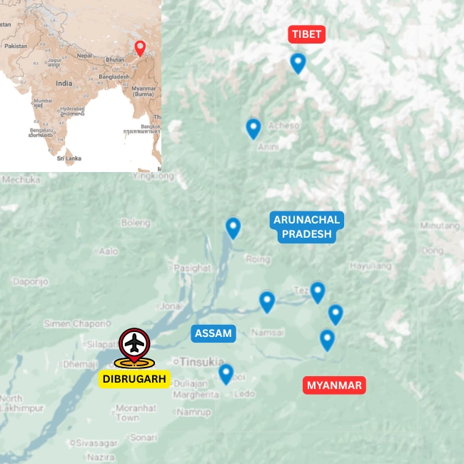 Map of the Eastern Arunachal multi-activity tour