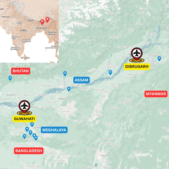 Map of the Meghalaya and Assam family holiday