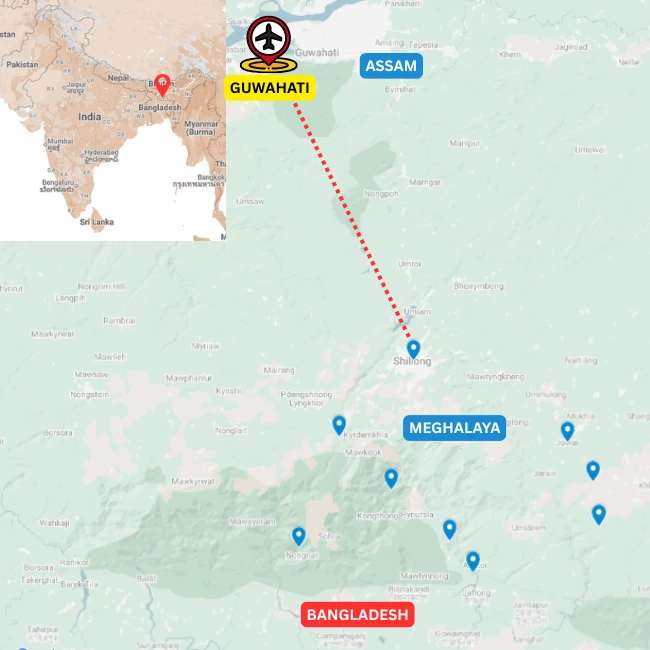 Map of the Meghalaya multi-activity tour