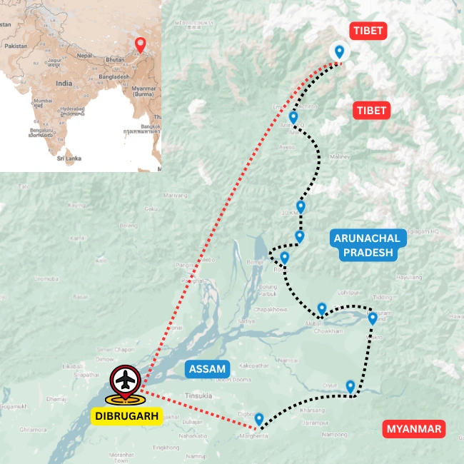 Map of the Mishmi Hills Explorer cycling tour through Assam and Arunachal Pradesh