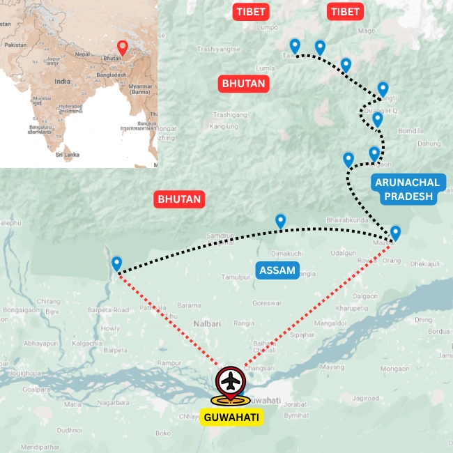 Map of the Road to Tawang cycling tour through Assam and Arunachal Pradesh