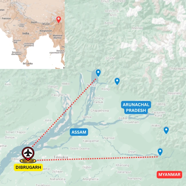 Map of the walking holiday in Eastern Arunachal Pradesh