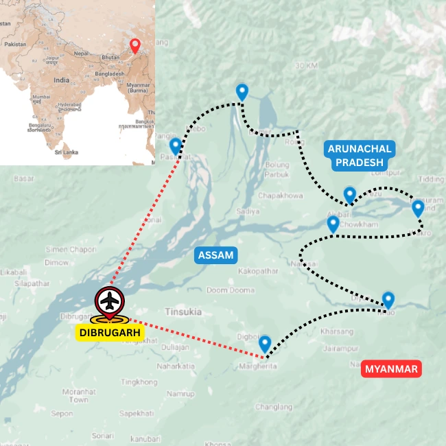 Map of the Watershed of the Brahmaputra cycling tour through Assam and Arunachal Pradesh