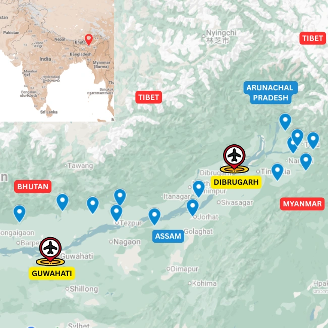 Map of the People of the Brahmaputra Valley route across Assam and Arunachal Pradesh