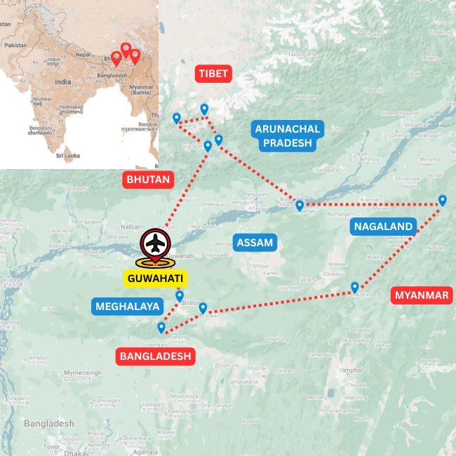 Map of the 4 States motorcycle tour route through Assam, Arunachal Pradesh, Meghalaya and Nagaland