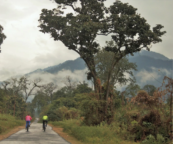 Young travellers cycling through the forested hills of Arunachal Pradesh