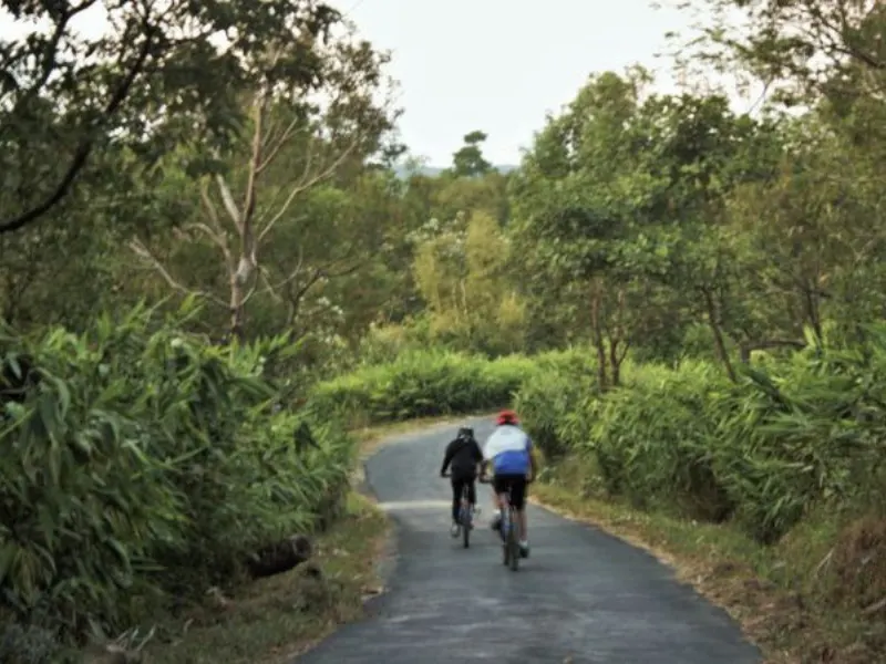 Cyclists on a narrow forest road in Meghalaya