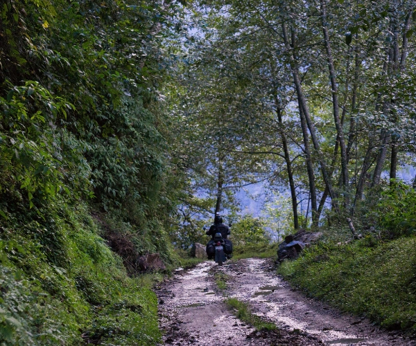 Motorbike riding through forest roads in Meghalaya