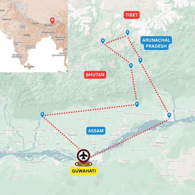 Map of the Western Arunachal motorcycle tour route through Assam, Tawang and the eastern Himalayas
