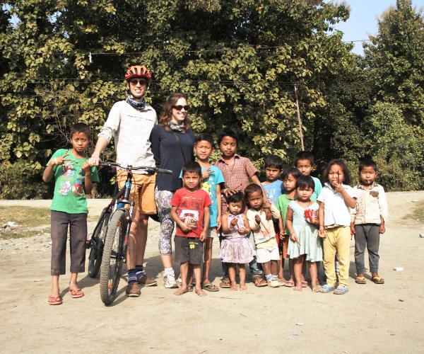 Cyclists meeting children in Eastern Arunachal Pradesh