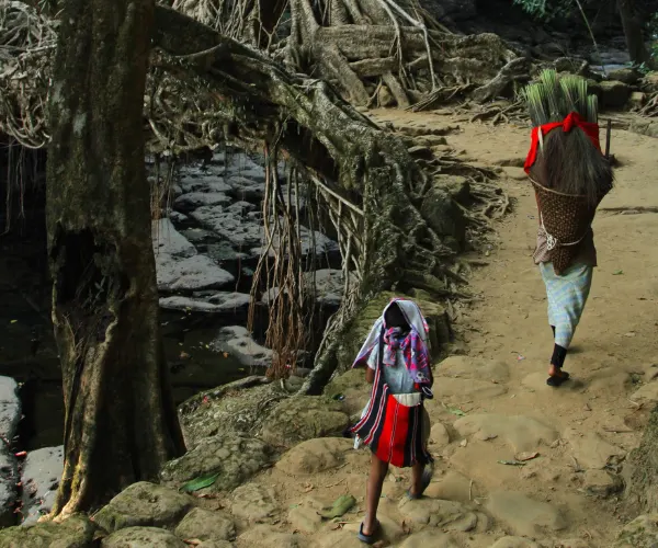 Walking bridge over a blue river in Meghalaya