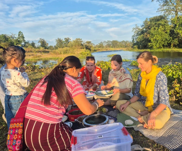Travellers viewing cultural artefacts in Northeast India