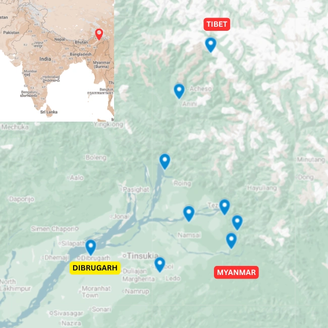 Map of the Eastern Arunachal family holiday route from Dibrugarh into eastern Arunachal Pradesh