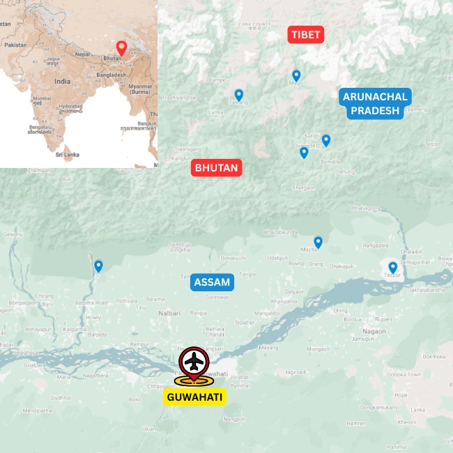 Map of the Western Arunachal family holiday route from Guwahati into Arunachal Pradesh