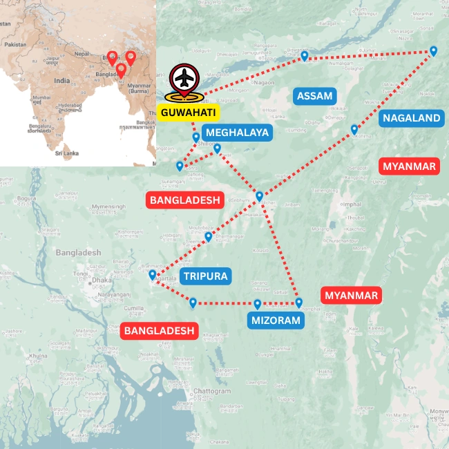 Map of the 5 States motorcycle tour route through Assam, Meghalaya, Tripura, Mizoram and Nagaland