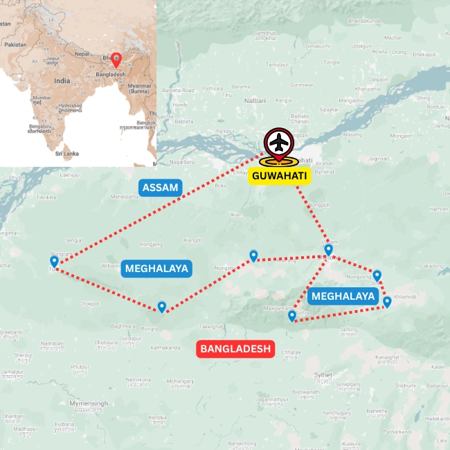 Map of the Meghalaya motorcycle tour route from Guwahati through Meghalaya